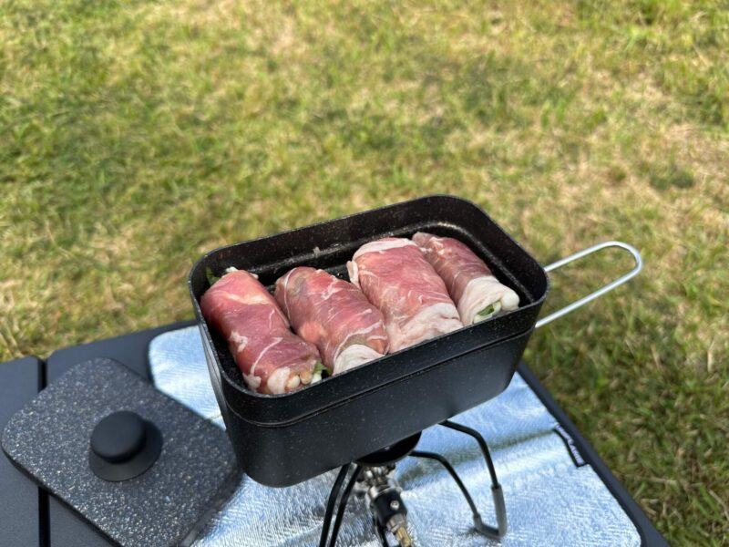 伊上海浜公園オートキャンプ場肉巻き蒸ししゃぶ